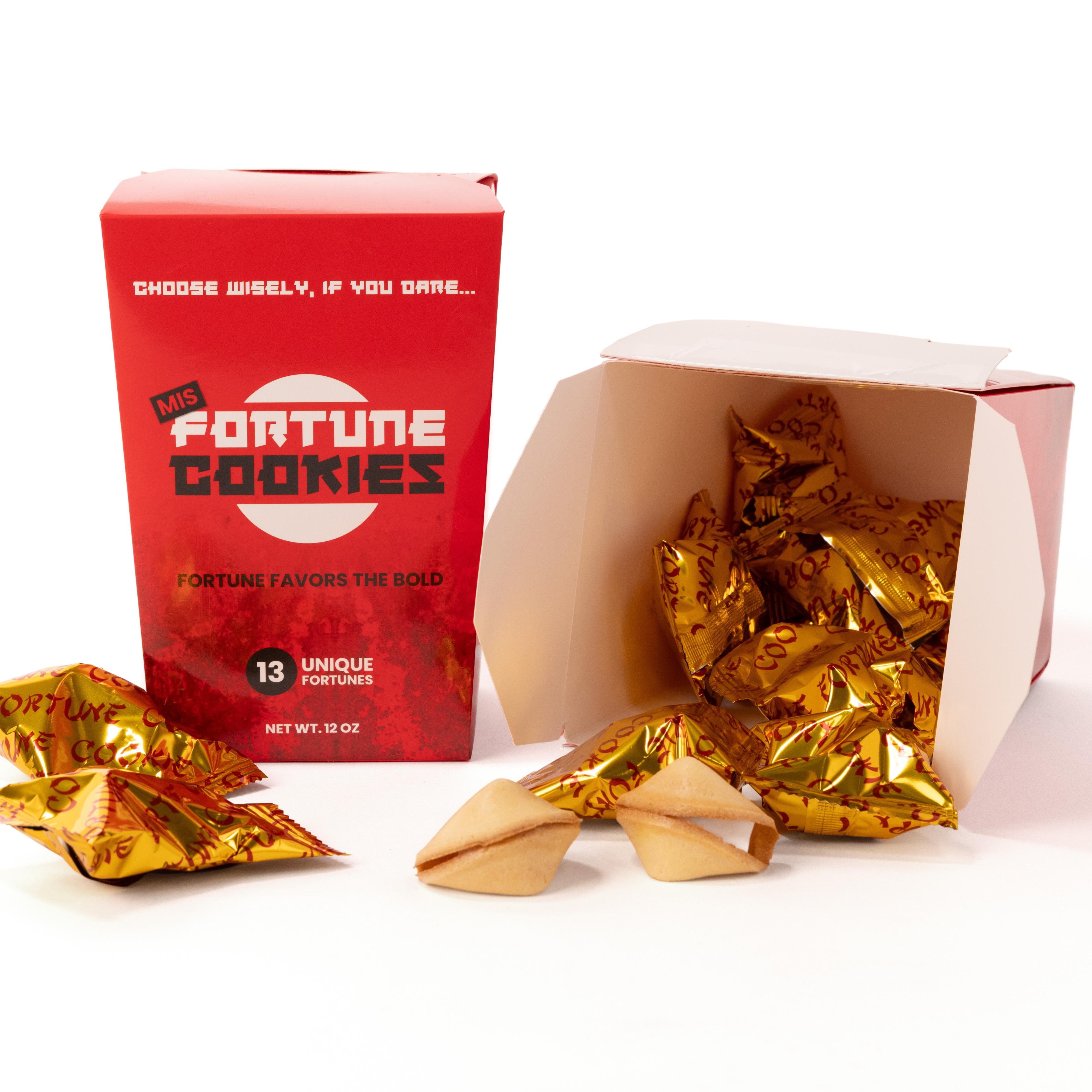 Two boxes of fortune cookies with hilarious messages. Shows front of box, open box with wrapped and open fortune cookies.